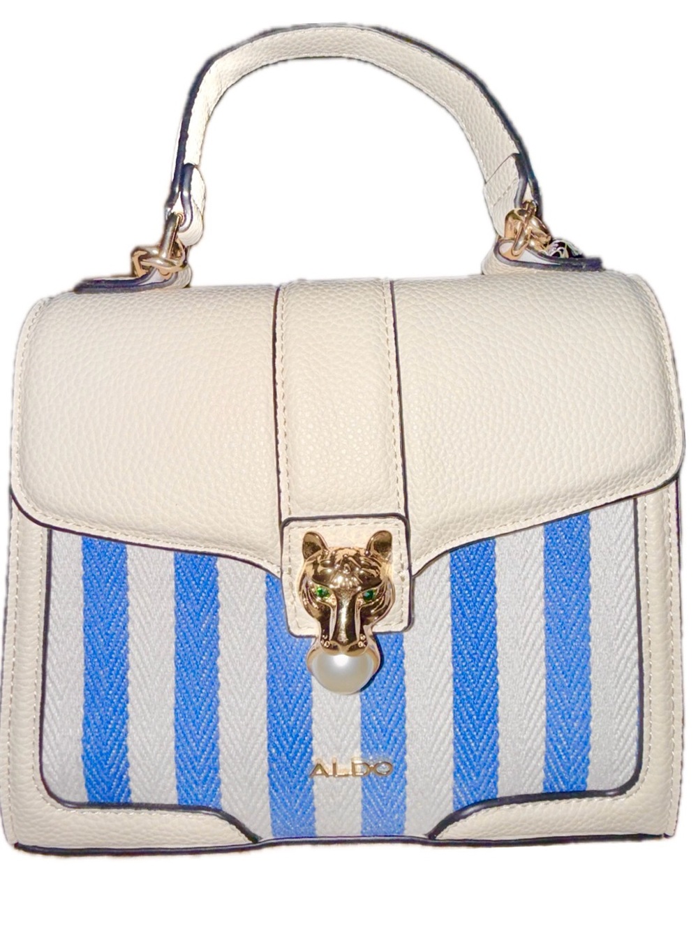 ALDO Women’s Blue White Striped Mini Satchel Panther Pearl Top Handle 8” Bag